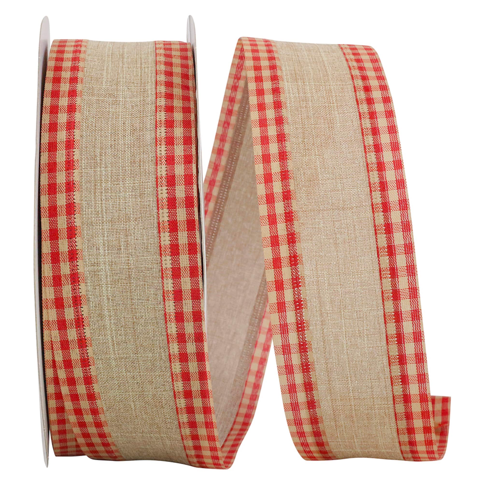 Reliant 2.5" x 50yd. Linen Gingham Red Checked Wired Ribbon